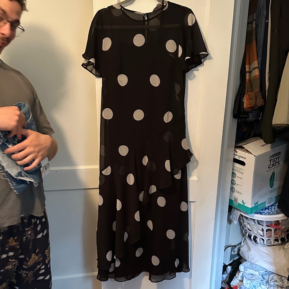 LOFT Sheer Black Maxi Dress with Cream Polka Dots